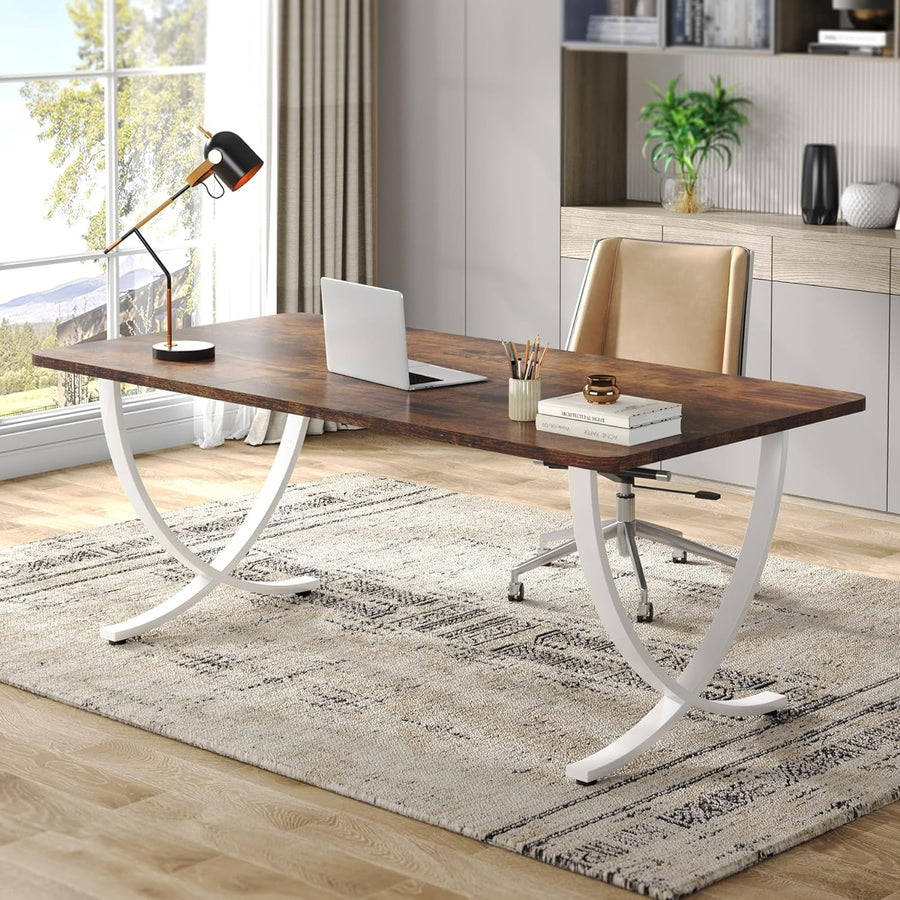 Tribesigns Modern Executive Desk 63in White Brown Waterproof Computer Table Image 1