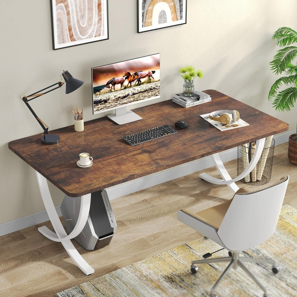 Tribesigns Modern Executive Desk 63in White Brown Waterproof Computer Table Image 2