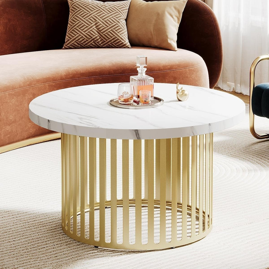 Tribesigns Round Coffee Table, 31.5" Small Coffee Table with Faux Marble Top and Gold Frame, Modern Circle Image 1