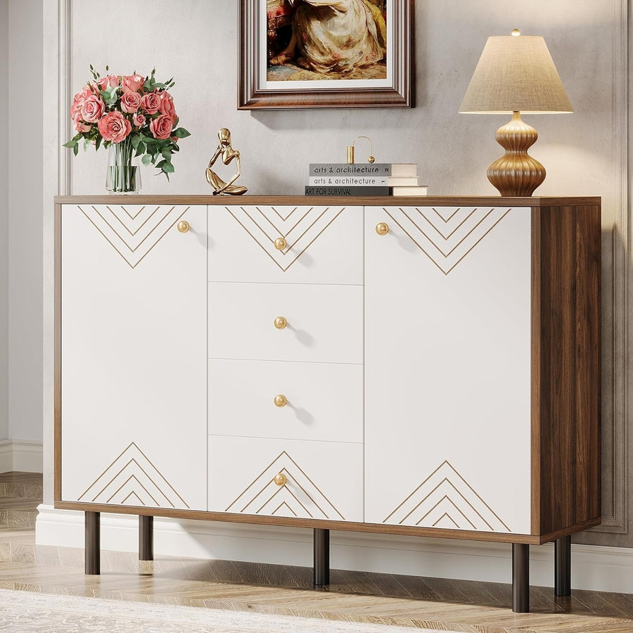 Tribesigns Buffet Sideboard with Storage, Modern Buffet Cabinet with 4 Drawers and Doors, White Credenza Console Accent Image 1