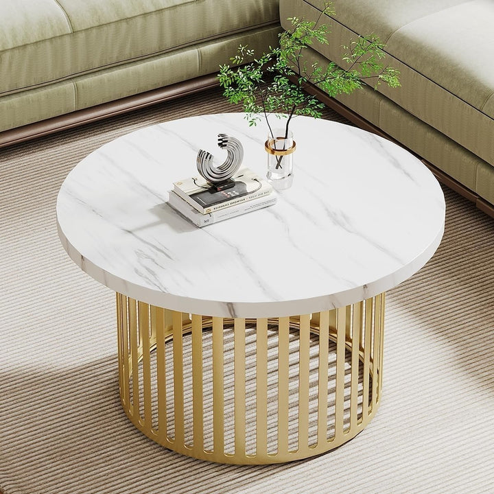 Tribesigns Round Coffee Table, 31.5" Small Coffee Table with Faux Marble Top and Gold Frame, Modern Circle Image 3