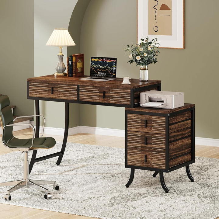 Tribesigns 55 inch Computer Desk with 5 Drawers Reversible Storage Cabinet Brown Metal Image 2