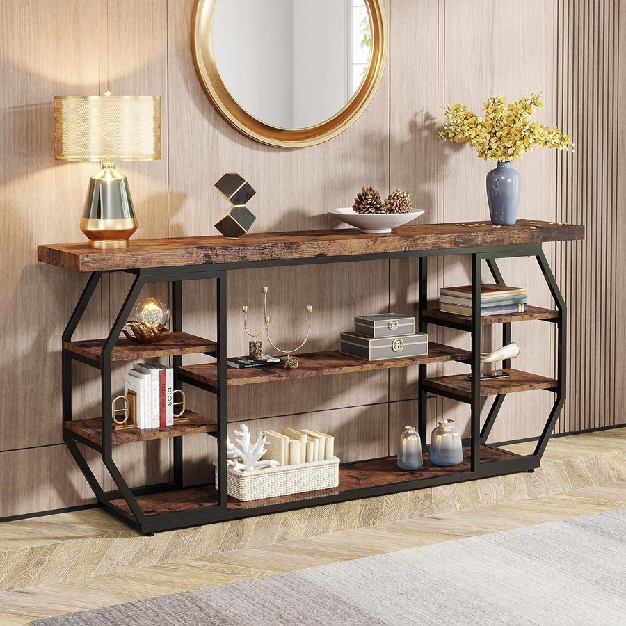 Tribesigns 70.9 Inch Console Table Industrial Faux Marble 6 Storage Shelves Image 1