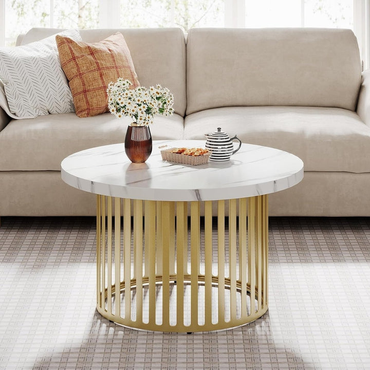 Tribesigns Round Coffee Table, 31.5" Small Coffee Table with Faux Marble Top and Gold Frame, Modern Circle Image 5