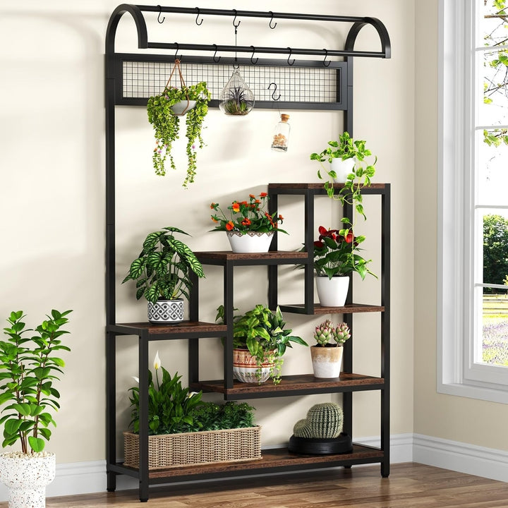 Tribesigns Tall Indoor Plant Stand, 5-Tier Large Metal Plant Shelf with 10PC S Hanging Hooks Image 2