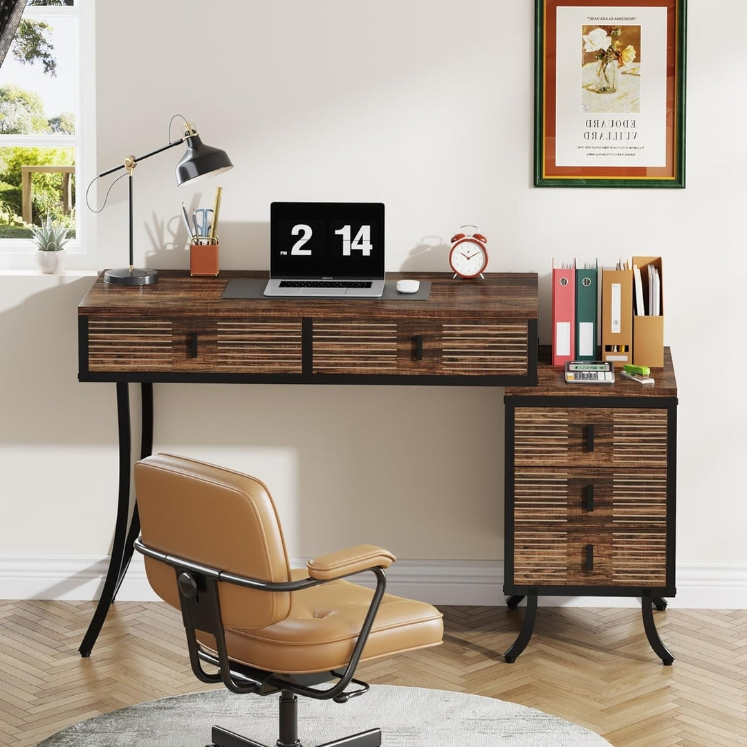 Tribesigns 55 inch Computer Desk with 5 Drawers Reversible Storage Cabinet Brown Metal Image 4