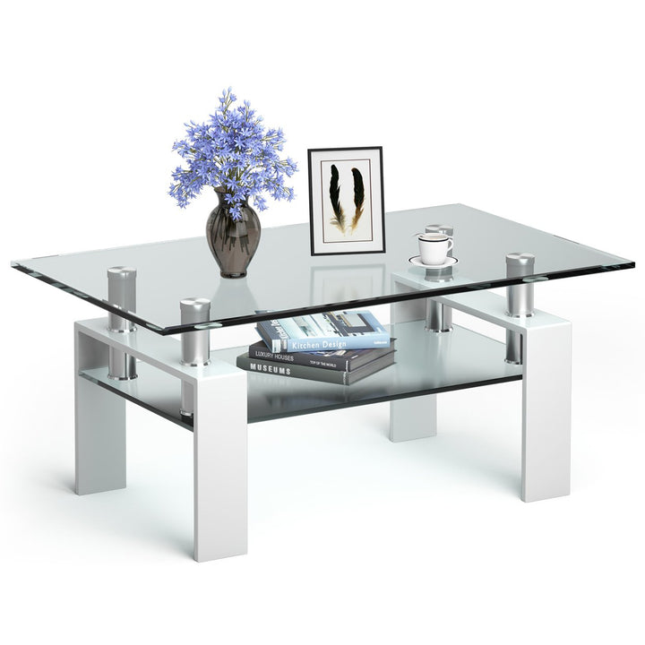 Costway Rectangle Glass Coffee Table Metal Legs End Table Livingroom White\Black\Coffee\Nature Image 1