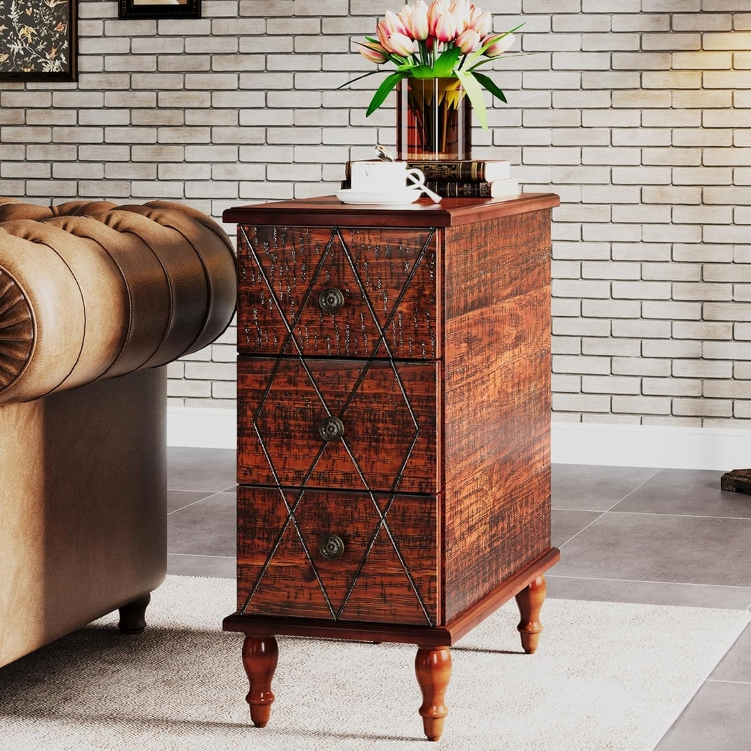 Tribesigns Solid Wood End Table with 3 Drawers, Vintage Sofa Side Table Narrow Nightstand with Gourd Legs Image 1