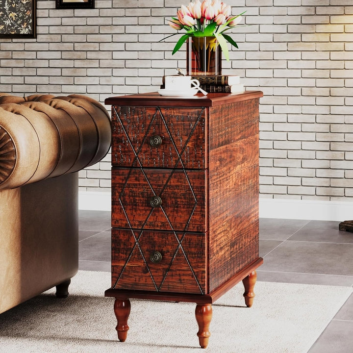 Tribesigns Solid Wood End Table with 3 Drawers, Vintage Sofa Side Table Narrow Nightstand with Gourd Legs Image 1