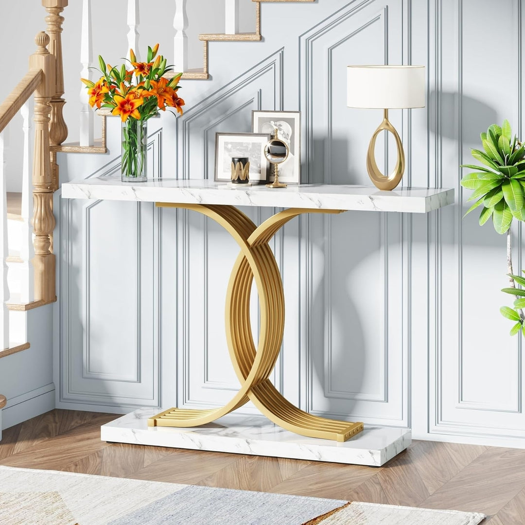 Tribesigns 39 Inch Gold Console Table Faux Marble Top Geometric Metal Legs Image 1