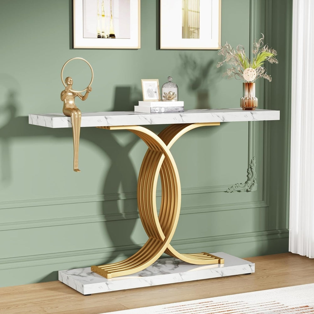 Tribesigns 39 Inch Gold Console Table Faux Marble Top Geometric Metal Legs Image 2