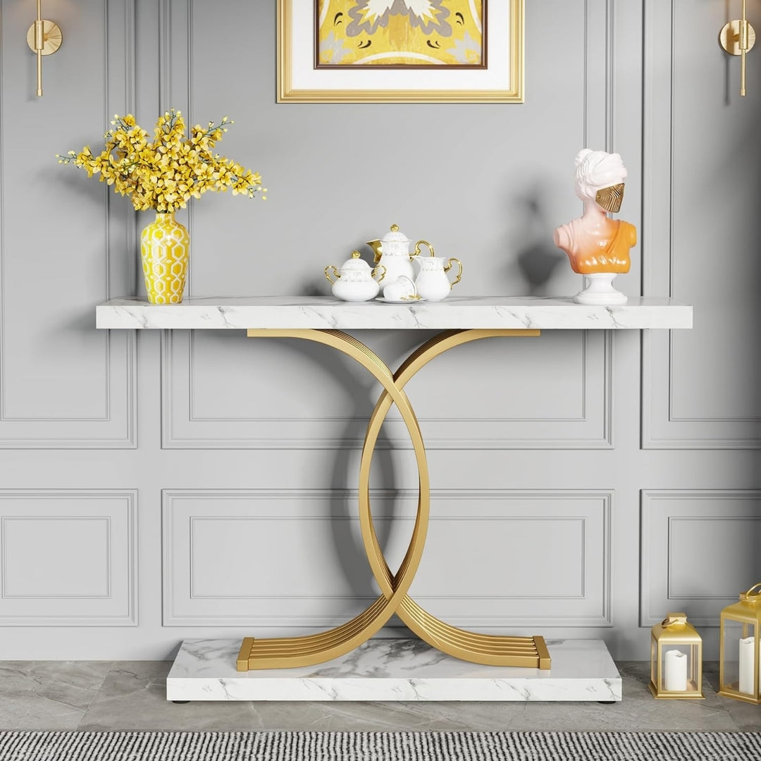 Tribesigns 39 Inch Gold Console Table Faux Marble Top Geometric Metal Legs Image 3