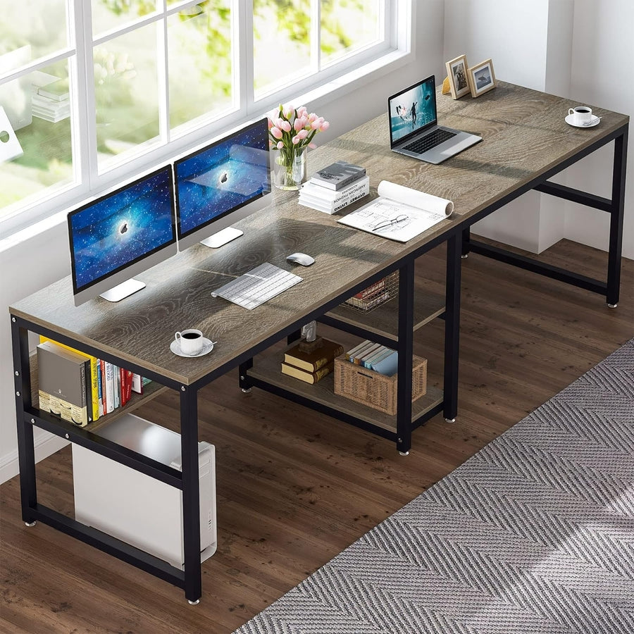 Tribesigns Two Person Desk with Bookshelf, Computer Office Double Desk for Two Person Image 1