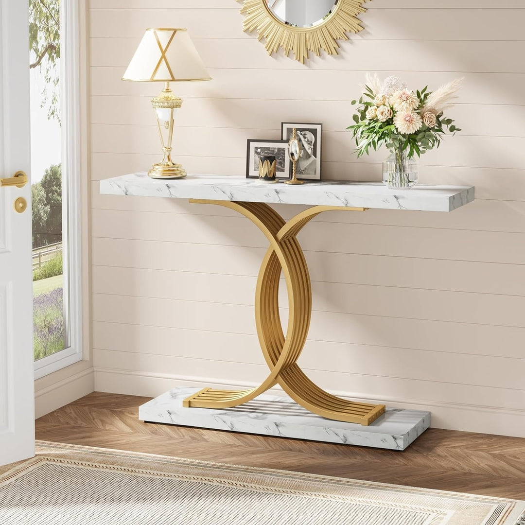 Tribesigns 39 Inch Gold Console Table Faux Marble Top Geometric Metal Legs Image 4