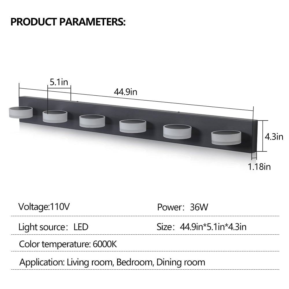 ExBrite LED Black 6-Light Vanity Fixture Modern Bath Wall Lighting 36W Image 7