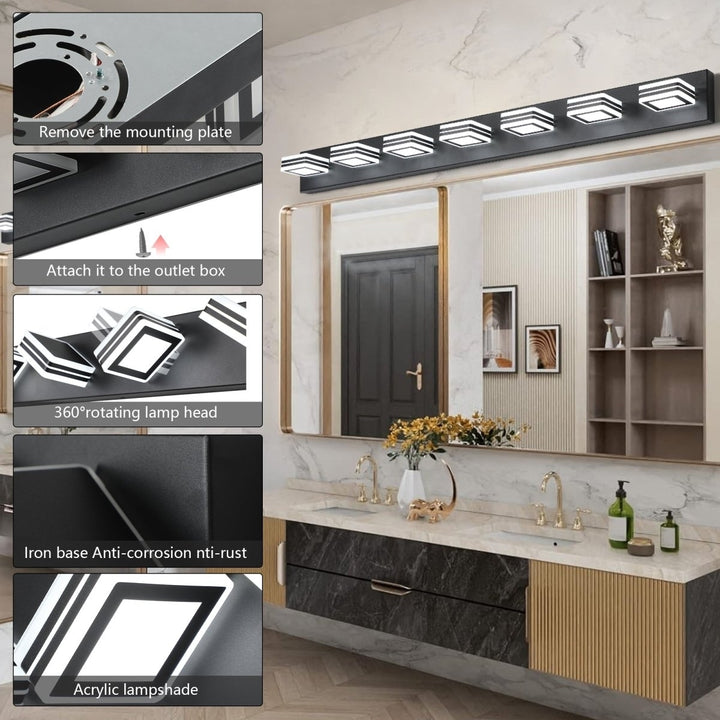 ExBrite LED Modern Black Vanity Lights, 7-Lights Acrylic Matte Black Bathroom Vanity Lights Over Mirror Image 9