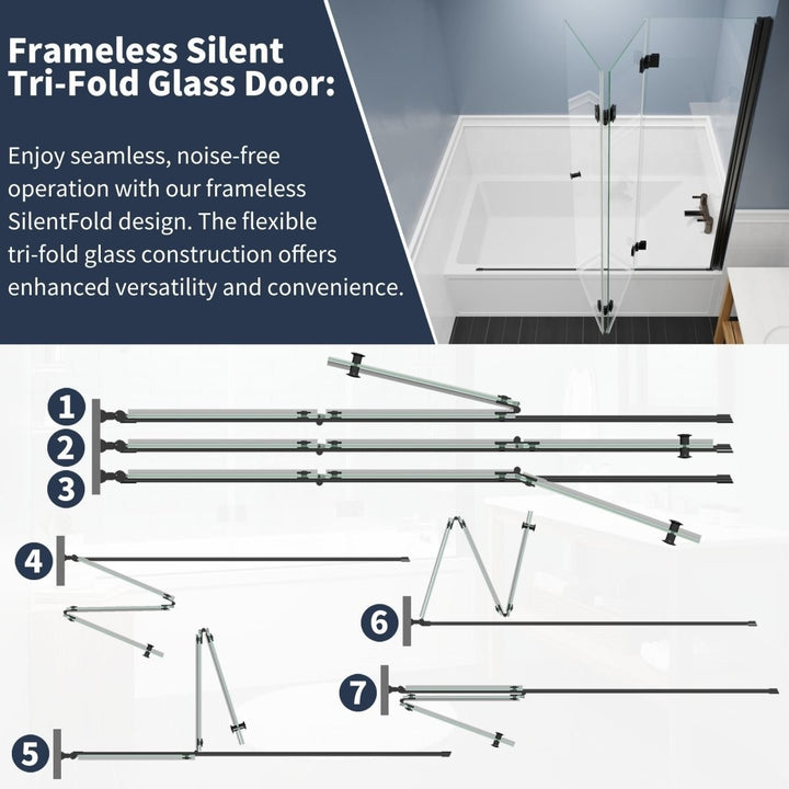 Trinity 51in Tub Shower Door Matte Black 8mm Tempered Glass Frameless Panel Image 3