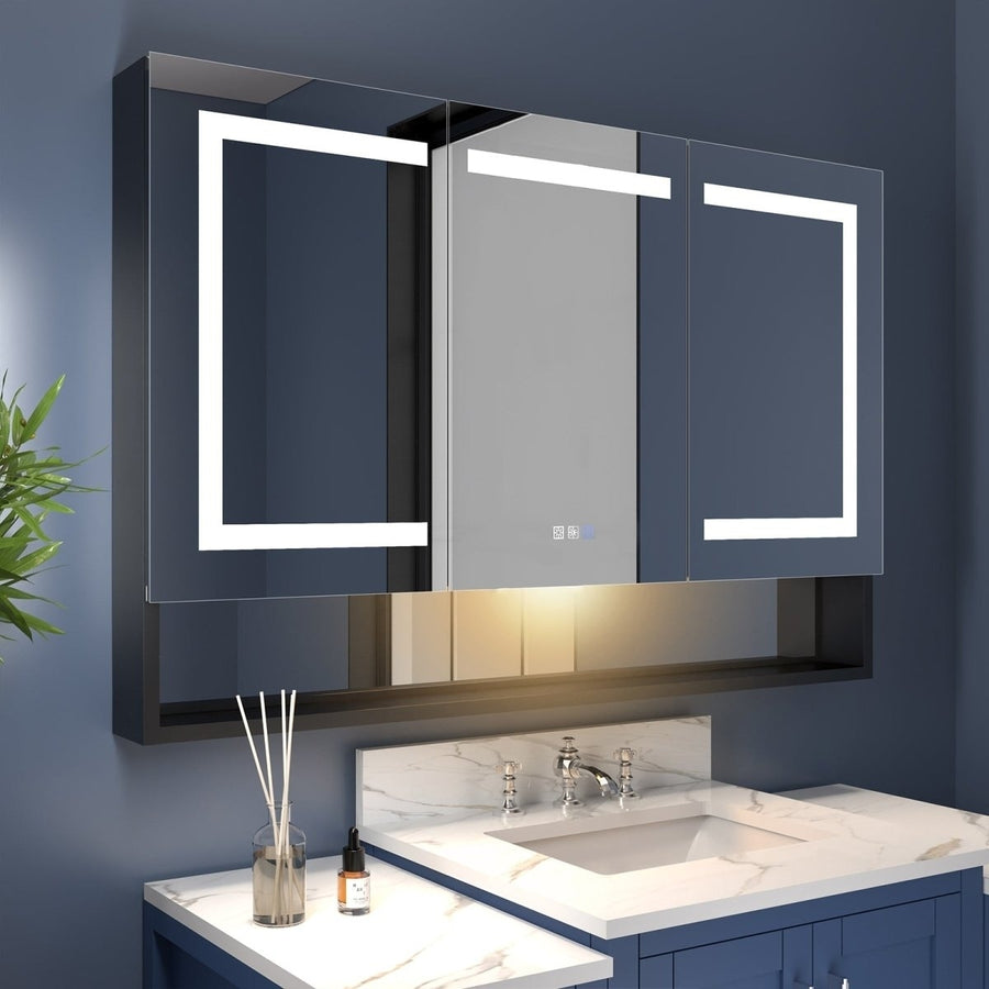 Ample 48" W x 32" H LED Lighted Mirror Black Medicine Cabinet with Shelves for Bathroom Recessed or Surface Mount Image 1