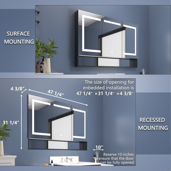 Ample 48" W x 32" H LED Lighted Mirror Black Medicine Cabinet with Shelves for Bathroom Recessed or Surface Mount Image 2