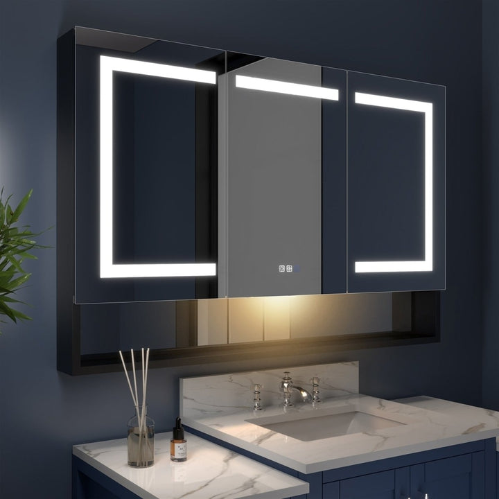 Ample 48" W x 32" H LED Lighted Mirror Black Medicine Cabinet with Shelves for Bathroom Recessed or Surface Mount Image 9