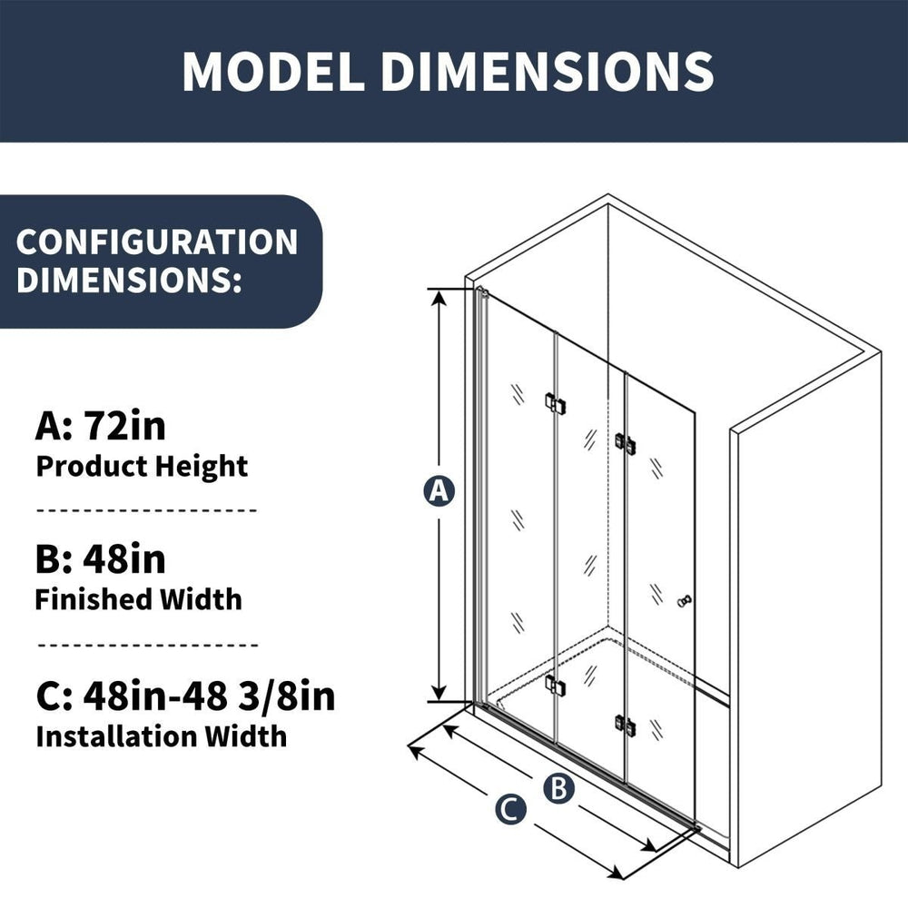 Exbrite Trio 48-48.3" W x 72" H Bifold Shower Screen for Shower,Tempered Coating Glass Panel,Chrome Image 2