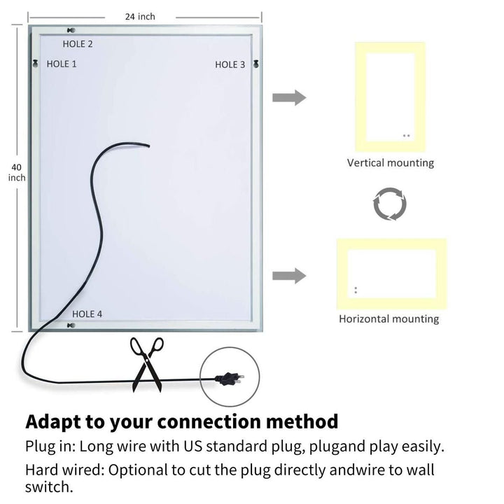 ES-DIY 40" x 24" LED Bathroom Mirror,Led Mirror for Bathroom,Anti-Fog,Dimmable,Touch Button,Water Proof,Backlit Mirror Image 9