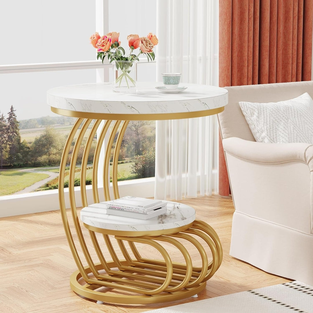 Tribesigns Gold Round End Table Faux Marble 2-Tier Side Table Living Room Bedroom Image 1