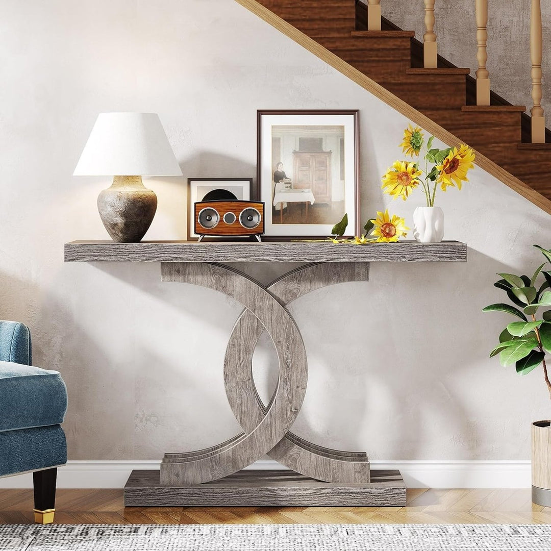 Tribesigns 39 Inch Modern Farmhouse Console Table Geometric Base Grey Wood Image 2