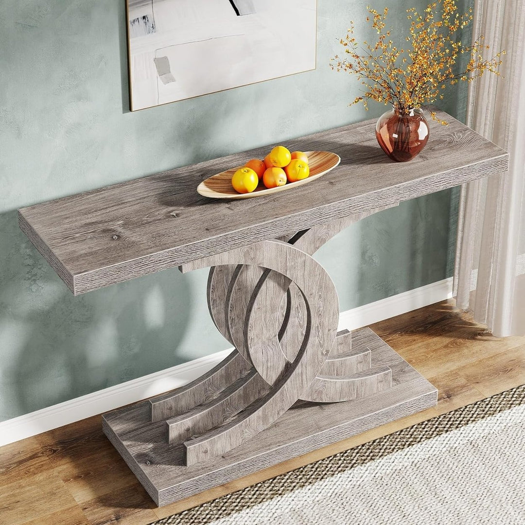 Tribesigns 39 Inch Modern Farmhouse Console Table Geometric Base Grey Wood Image 4