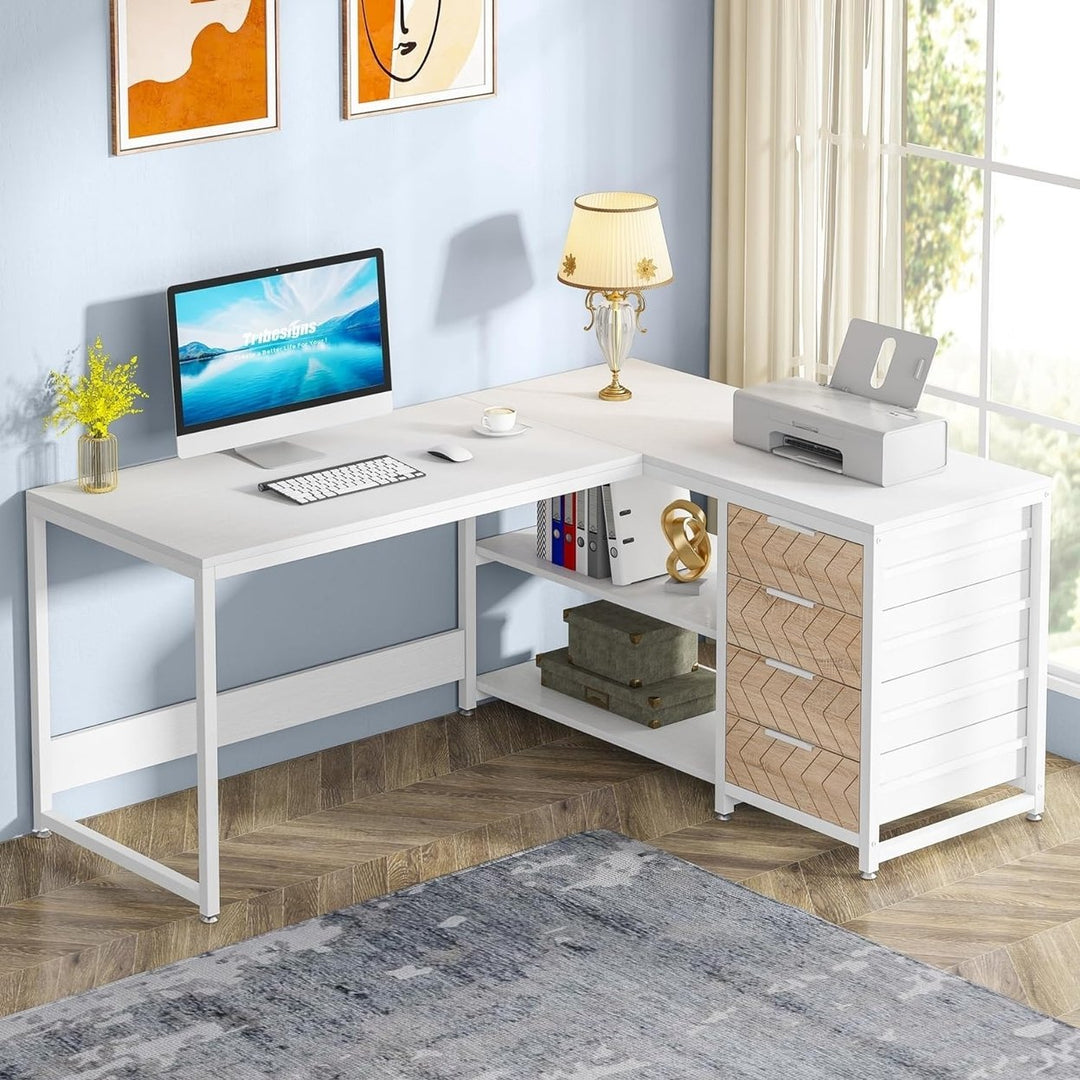 Tribesigns L Shaped Desk with Storage Drawers Reversible Office Table White Image 1