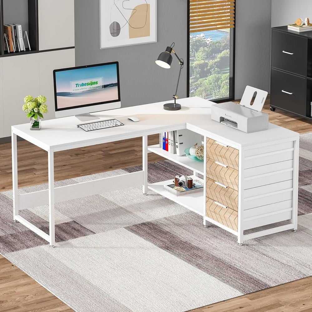 Tribesigns L Shaped Desk with Storage Drawers Reversible Office Table White Image 2