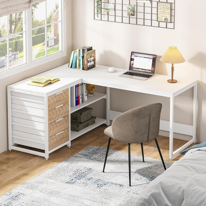 Tribesigns L Shaped Desk with Storage Drawers Reversible Office Table White Image 3