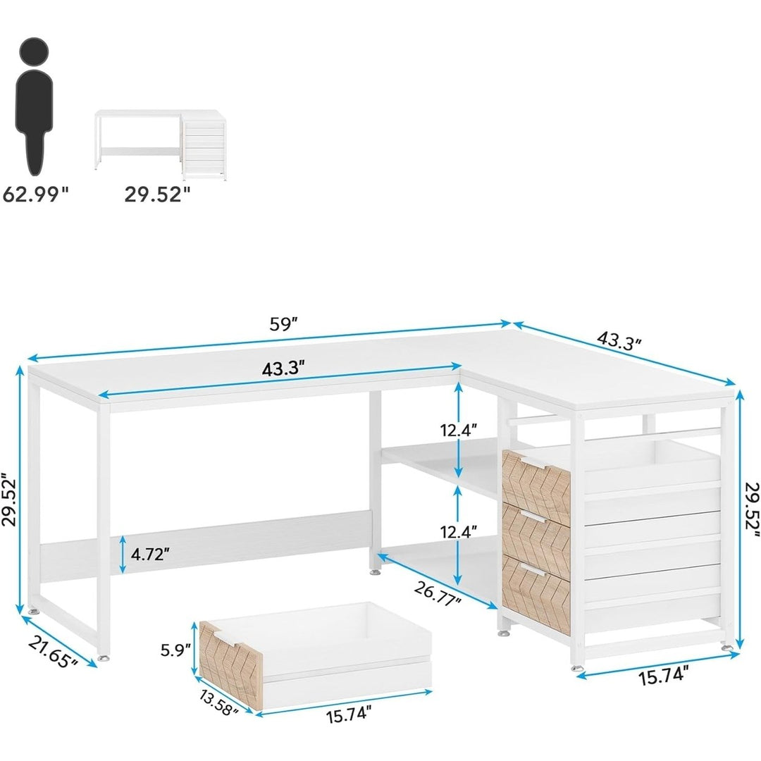 Tribesigns L Shaped Desk with Storage Drawers Reversible Office Table White Image 4