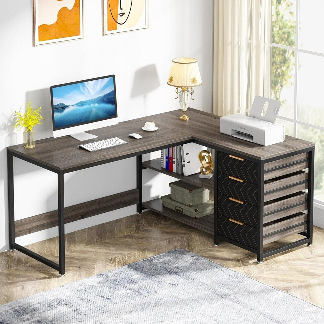 Tribesigns L Shaped Desk with Storage Drawers Reversible Office Table White Image 5