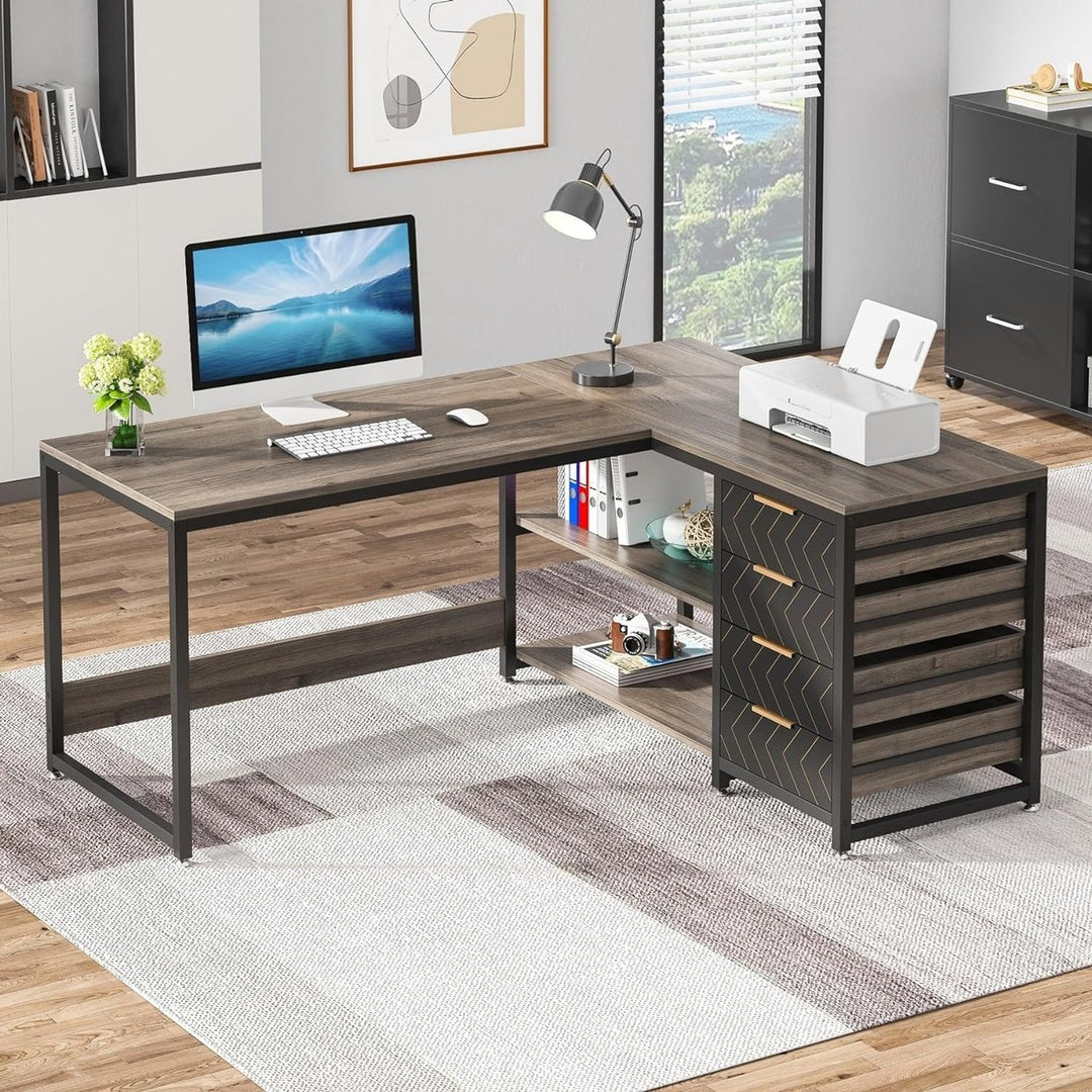 Tribesigns L Shaped Desk with Storage Drawers Reversible Office Table White Image 6