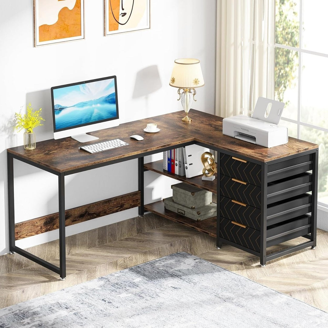 Tribesigns L Shaped Desk with Storage Drawers Reversible Office Table White Image 9