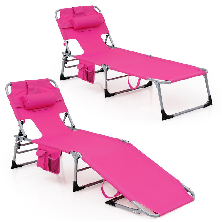 Set of 2 Beach Chaise Lounge Chair Folding Reclining Chair w/ Facing Hole Image 9