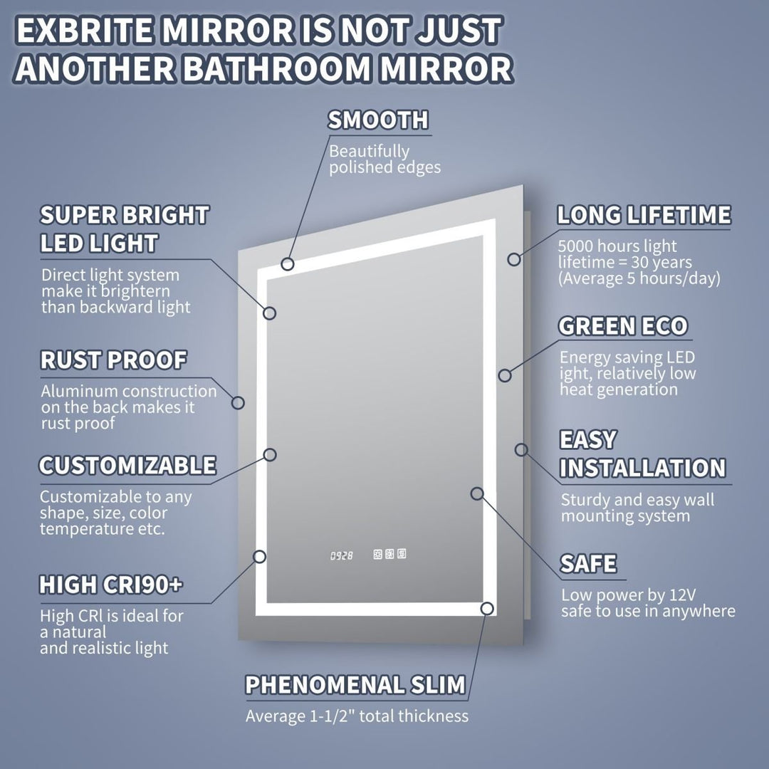 ES-DIY 40" W x 24" H Bathroom Led Light Mirror Anti Fog with Digital Clock Lighted Vanity Mirror Image 6