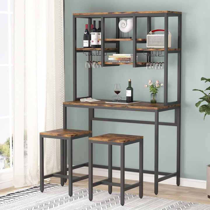 Tribesigns Bar Table with 2 Chairs, Bar Desk with Hutch Storage Shelves, Bar Set with Glass and Bottle Holder Image 1