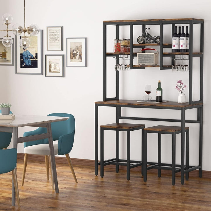 Tribesigns Bar Table with 2 Chairs, Bar Desk with Hutch Storage Shelves, Bar Set with Glass and Bottle Holder Image 2