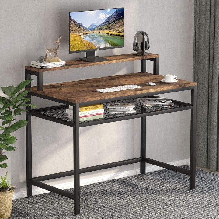 Tribesigns Industrial Computer Desk with Monitor Stand and Mesh Storage Shelf Image 1