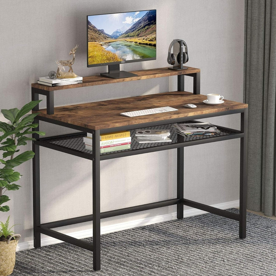 Tribesigns Industrial Computer Desk with Monitor Stand and Mesh Storage Shelf Image 1