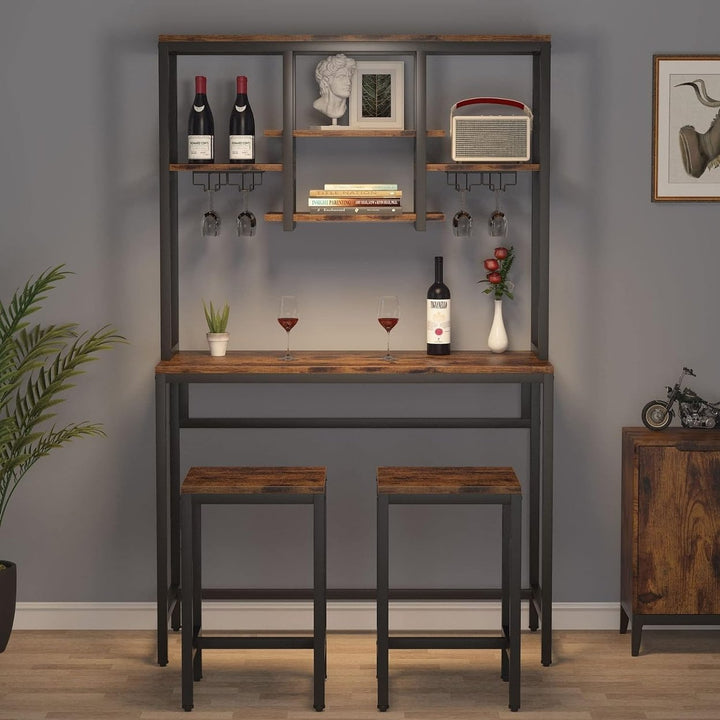 Tribesigns Bar Table with 2 Chairs, Bar Desk with Hutch Storage Shelves, Bar Set with Glass and Bottle Holder Image 3