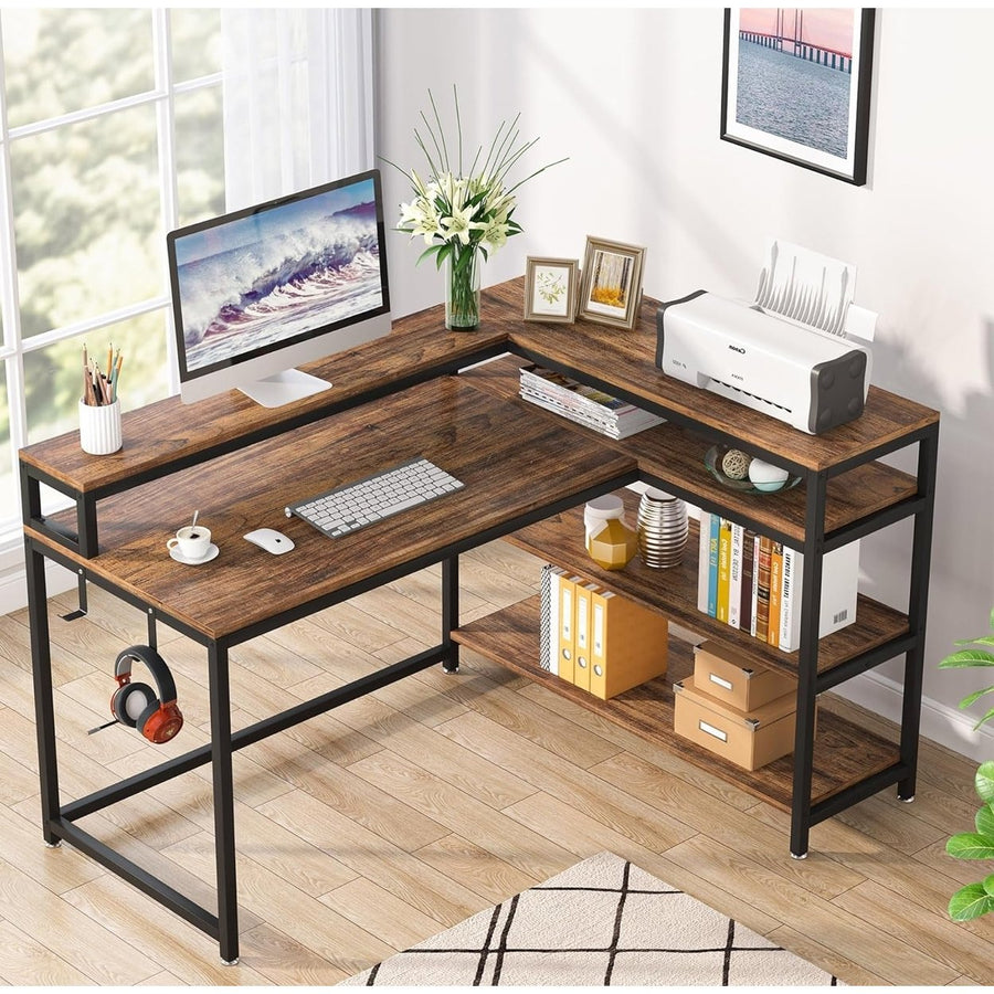 Tribesigns Reversible L Shaped Computer Desk with Storage Shelf,Industrial Corner Desk with Shelves and Monitor Stand Image 1