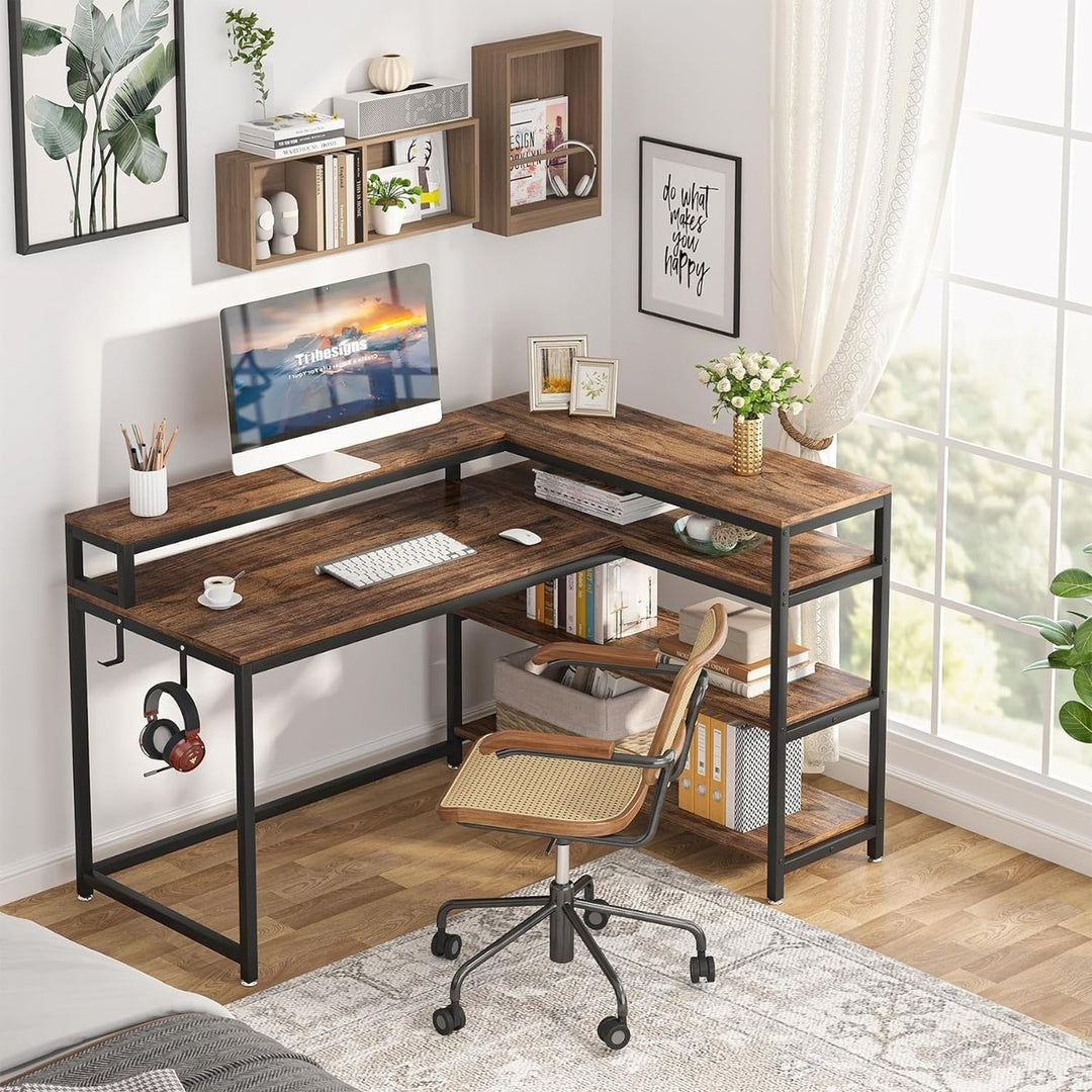 Tribesigns Reversible L Shaped Computer Desk with Storage Shelf,Industrial Corner Desk with Shelves and Monitor Stand Image 2