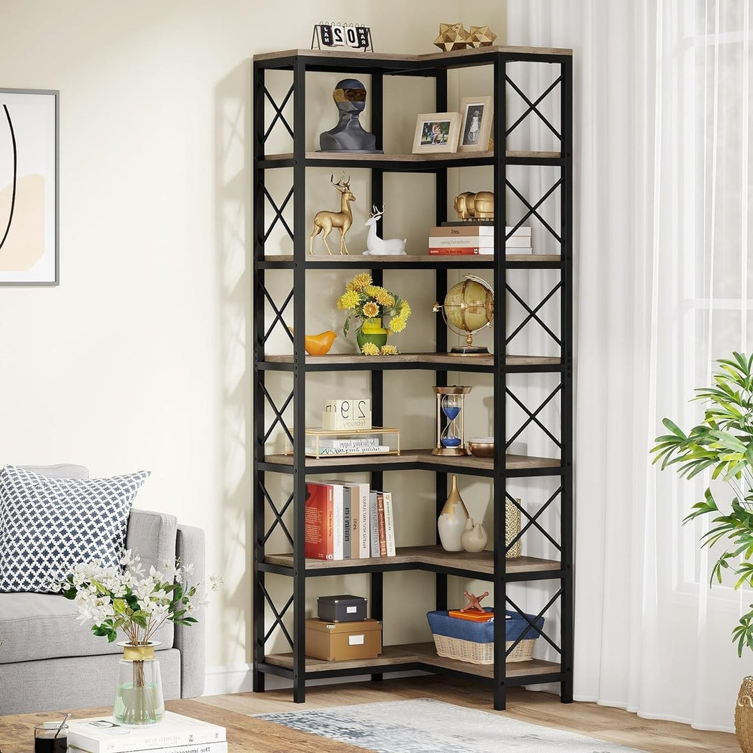 Tribesigns 7-Shelf Corner Bookshelf Metal Frame Large Tall Bookcase Living Room Image 2