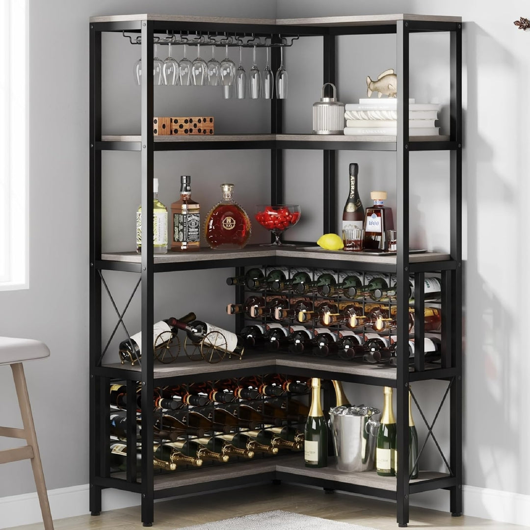 Tribesigns Large Corner Wine Rack, 5-Tier L Shaped Industrial Freestanding Floor Bar Cabinets for Home Kitchen Image 1