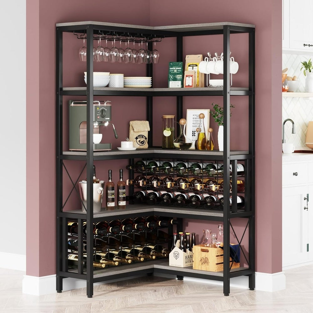 Tribesigns Large Corner Wine Rack, 5-Tier L Shaped Industrial Freestanding Floor Bar Cabinets for Home Kitchen Image 2