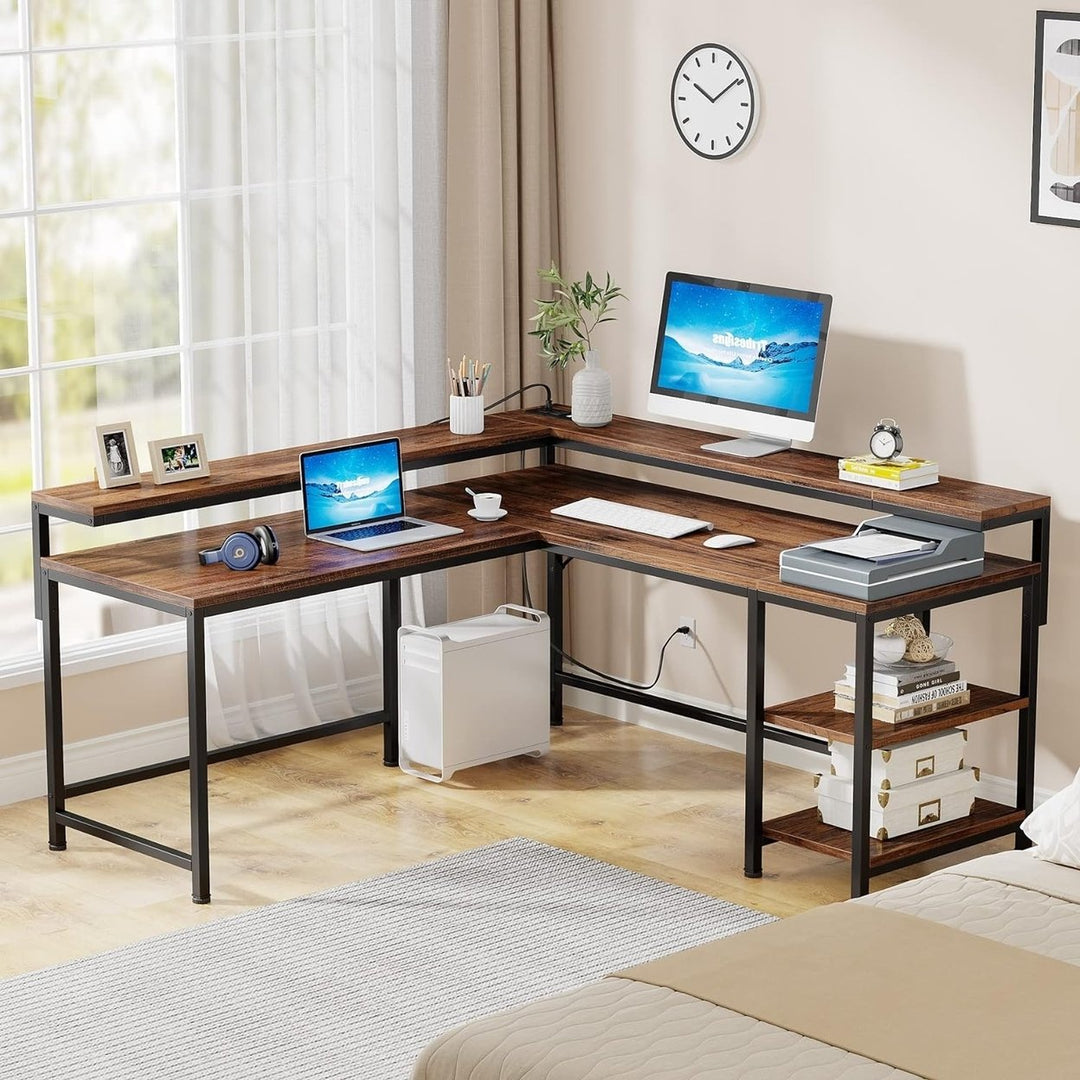 Tribesigns 60 Inch L Shaped Desk with Power Outlets,with Monitor Stand and Storage Shelves, Reversible Corner Desk Image 1