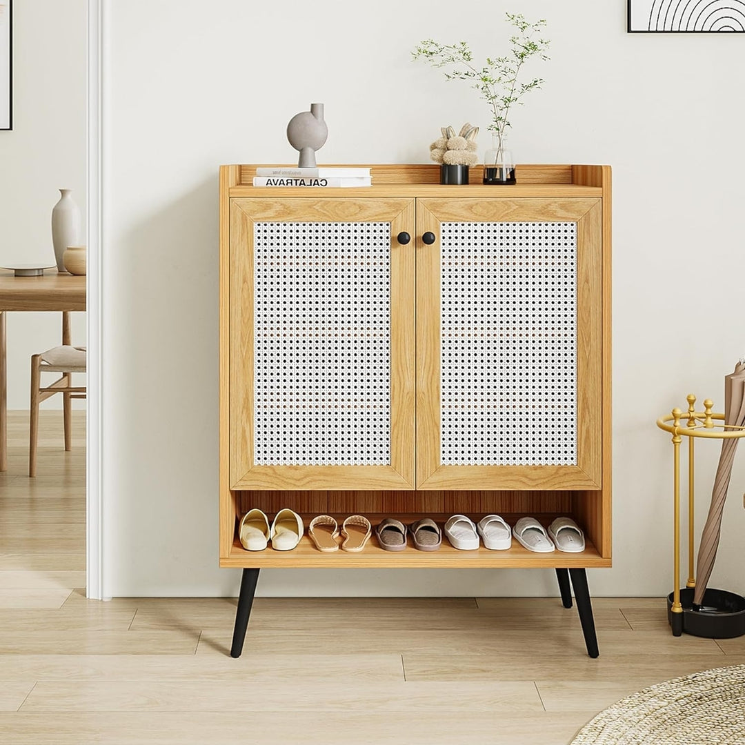 Tribesigns Rattan Shoe Cabinet, Shoes Cabinet Storage with Door, Freestanding Wood Shoe Cabinet with Removable Shelves Image 3